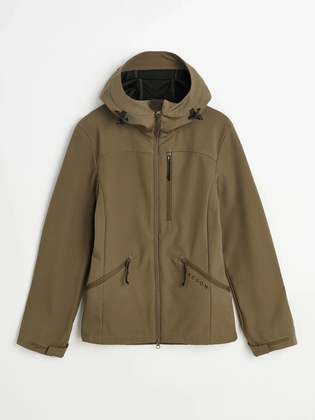 Kort softshelljacka med huva, vattentålig med 5000 mm vattenpelare, tvåvägs YKK-dragkedja och andasfunktion.