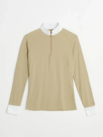 Långärmad tävlingstopp i tekniskt material med 1/2 zip, ståkrage med rundad framkant och vit manchett. Snabbtorkande och andas för optimal komfort.