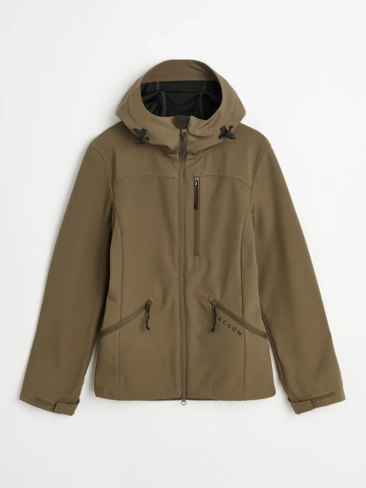 Kort softshelljacka med huva, vattentålig med 5000 mm vattenpelare, tvåvägs YKK-dragkedja och andasfunktion.