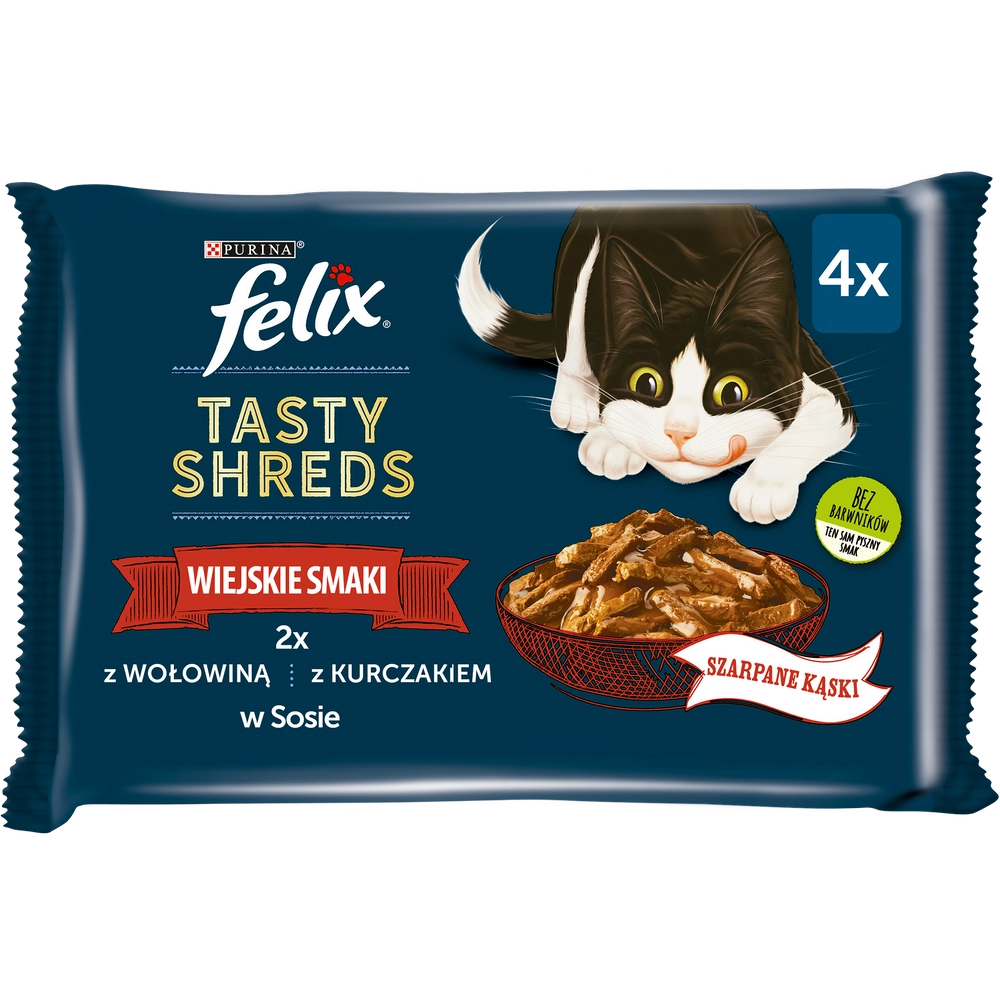 FELIX Tasty Shreds Våtfoder för vuxna katter lantliga smaker i sås 4x80g