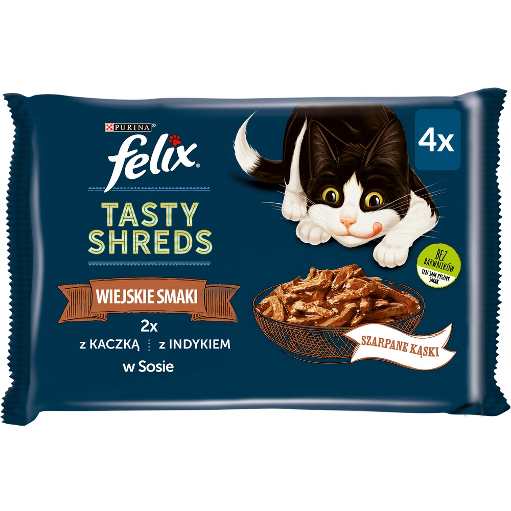 FELIX Tasty Shreds våtfoder för katt med anka och kalkon i sås 4x80g