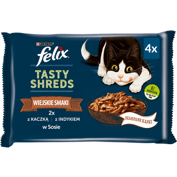 FELIX Tasty Shreds våtfoder för katt med anka och kalkon i sås 4x80g
