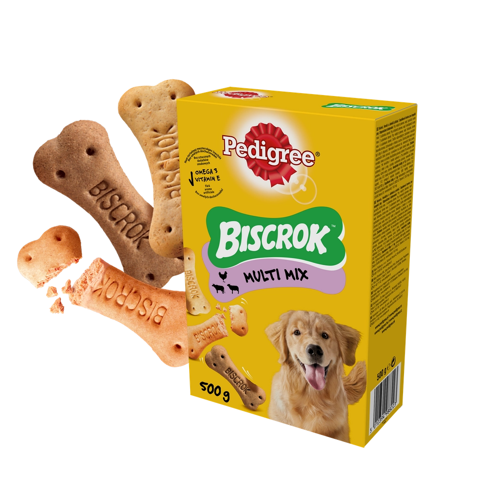 PEDIGREE® Biscrok™ Multi Mix 500 g – kompletteringsfoder för vuxna hundar, med smak av kyckling, nötkött och lamm
