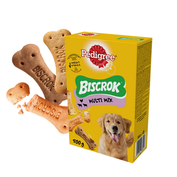 PEDIGREE® Biscrok™ Multi Mix 500 g – kompletteringsfoder för vuxna hundar, med smak av kyckling, nötkött och lamm