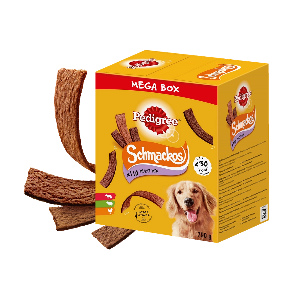 PEDIGREE® Mega Box SchmackosTM – kompletterande foder för vuxna hundar (med smak av Nötkött, Lamm och Fågel) – 790g