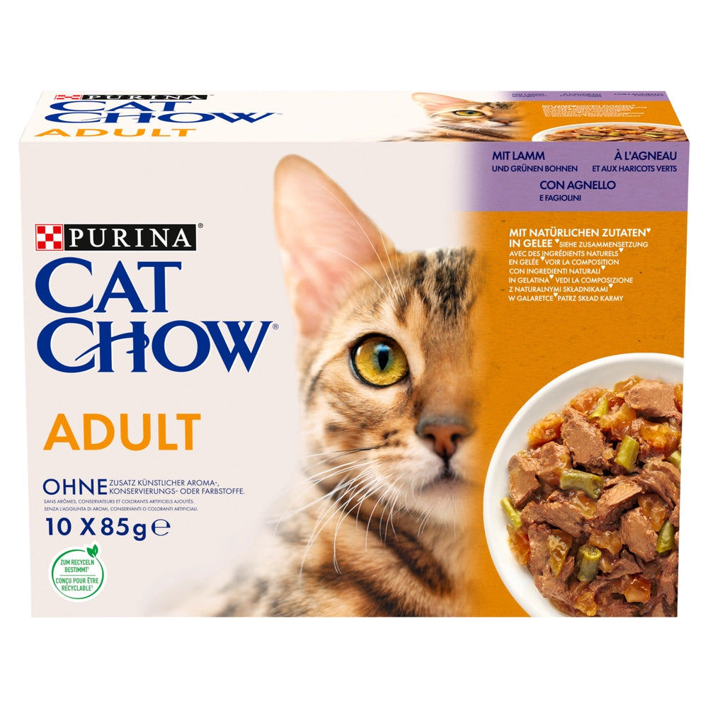 PURINA Cat Chow Adult Foder för katter med lamm och gröna bönor i gelé 10x85g