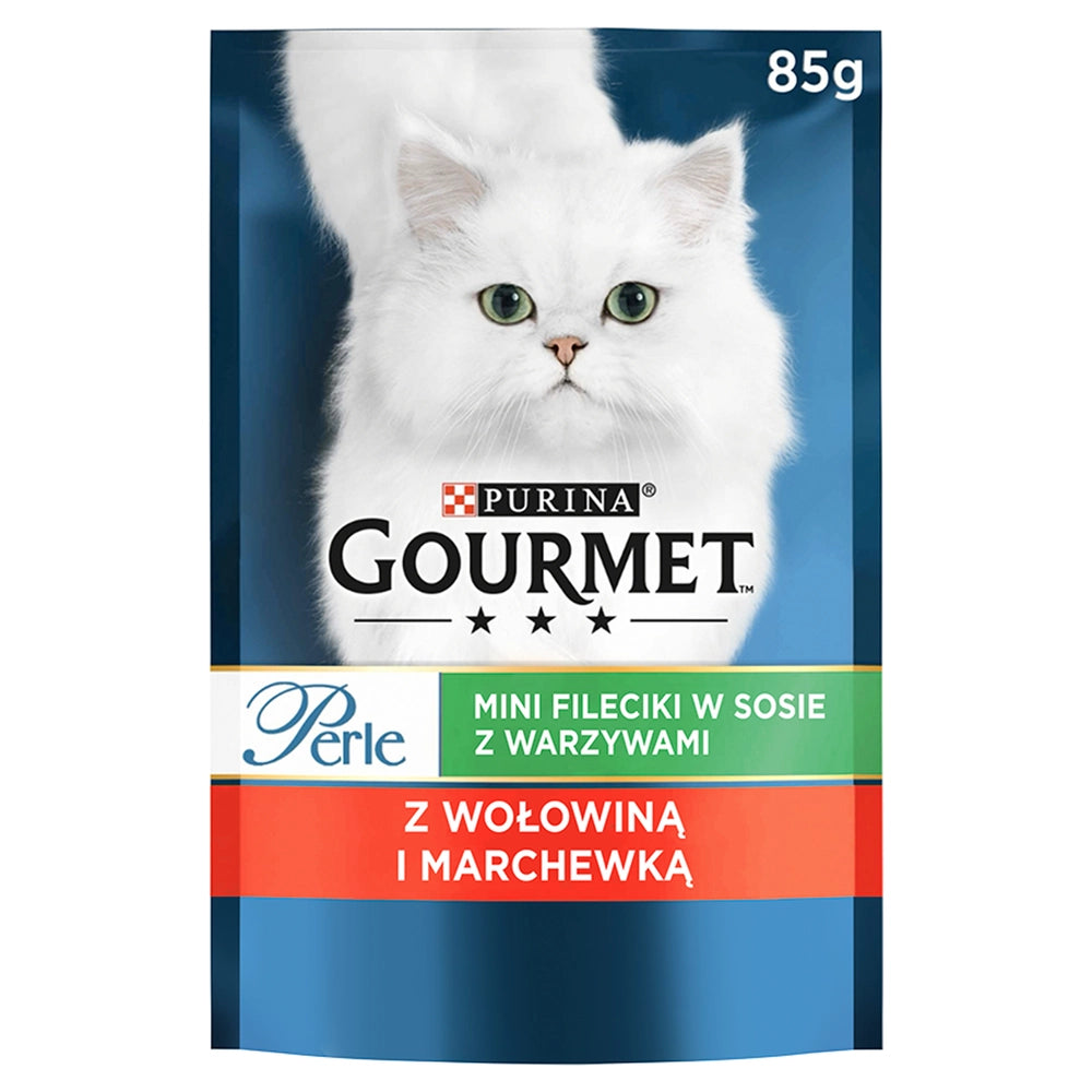 Purina Gourmet Perle Kattmat mini filébitar i sås med nötkött och morötter 85g