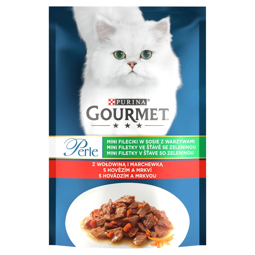Purina Gourmet Perle Kattmat mini filébitar i sås med nötkött och morötter 85g