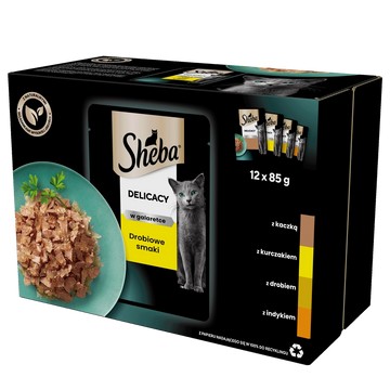 SHEBA Delicacy Drobiowe Smaki saszetki 12x85 g – våtfoder fullfoder för vuxna katter, i gelé (bitar med: anka, kyckling, fjäderfä, kalkon)