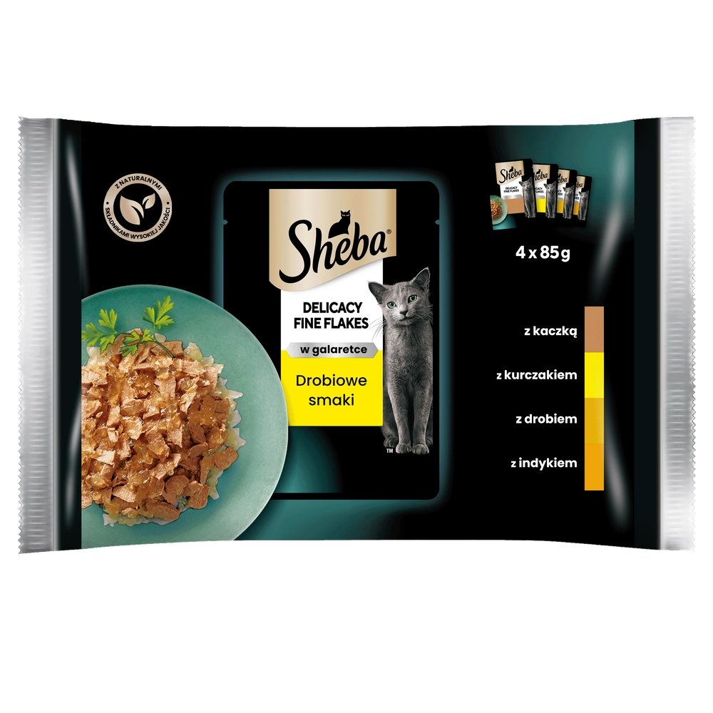 SHEBA Delicacy Fine Flakes Drobiowe Smaki påsar 4x85 g – våtfoder helfoder för vuxna katter i gelé (bitar med: anka, kyckling, fjäderfä, kalkon)