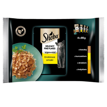SHEBA Delicacy Fine Flakes Drobiowe Smaki påsar 4x85 g – våtfoder helfoder för vuxna katter i gelé (bitar med: anka, kyckling, fjäderfä, kalkon)