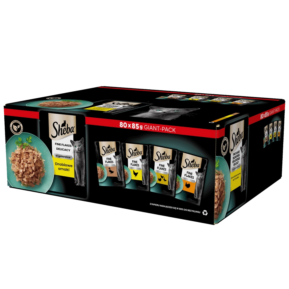 SHEBA Delicacy Fine Flakes Drobiowe Smaki saszetki 80x85 g – våtfoder helfoder för vuxna katter, i gelé (bitar med: anka, kyckling, fjäderfä, kalkon)