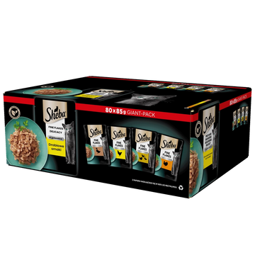 SHEBA Delicacy Fine Flakes Drobiowe Smaki saszetki 80x85 g – våtfoder helfoder för vuxna katter, i gelé (bitar med: anka, kyckling, fjäderfä, kalkon)