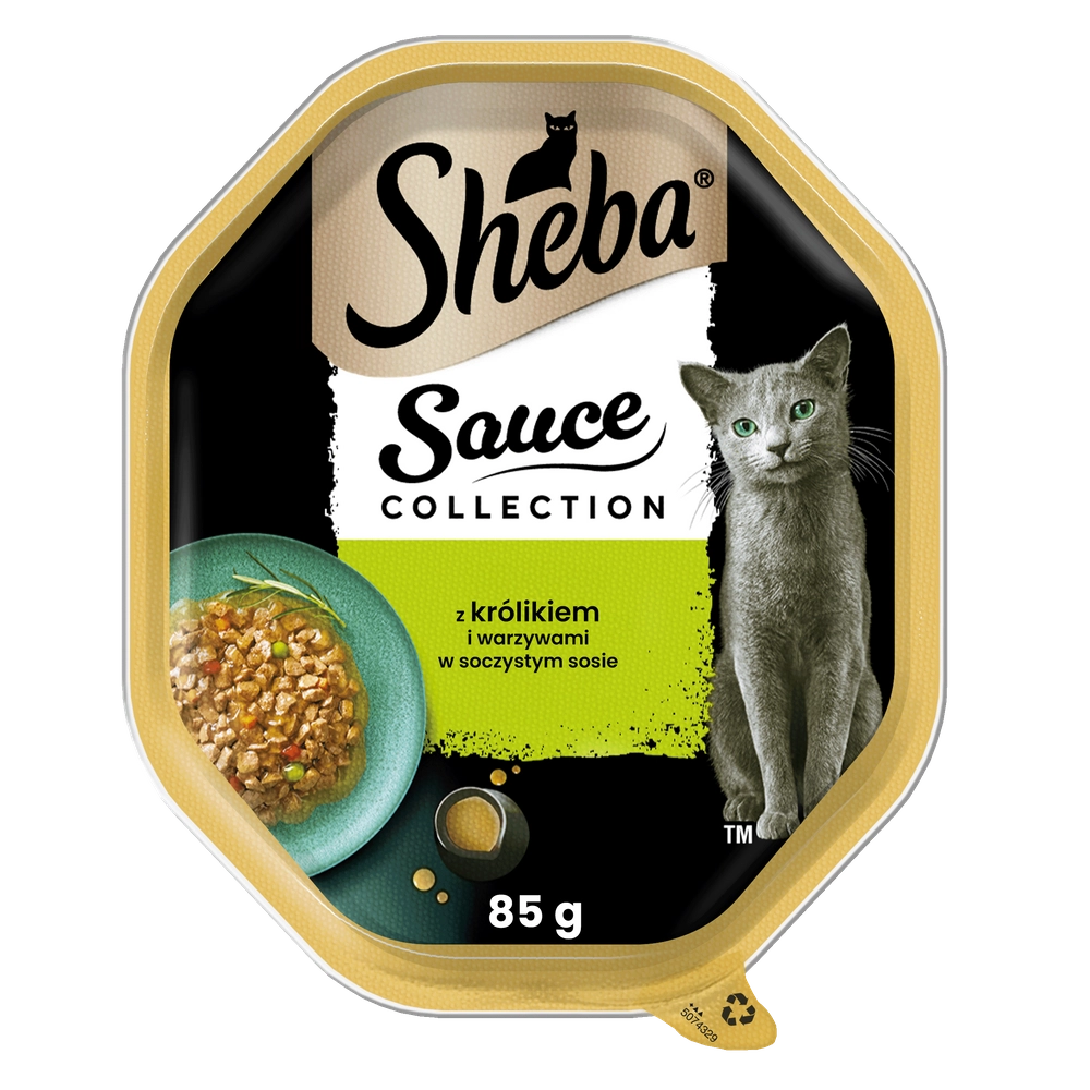 SHEBA Sauce Collection tacka 85 g – våtfoder helfoder för vuxna katter, bitar med kanin och grönsaker, i sås
