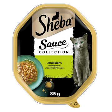 SHEBA Sauce Collection tacka 85 g – våtfoder helfoder för vuxna katter, bitar med kanin och grönsaker, i sås