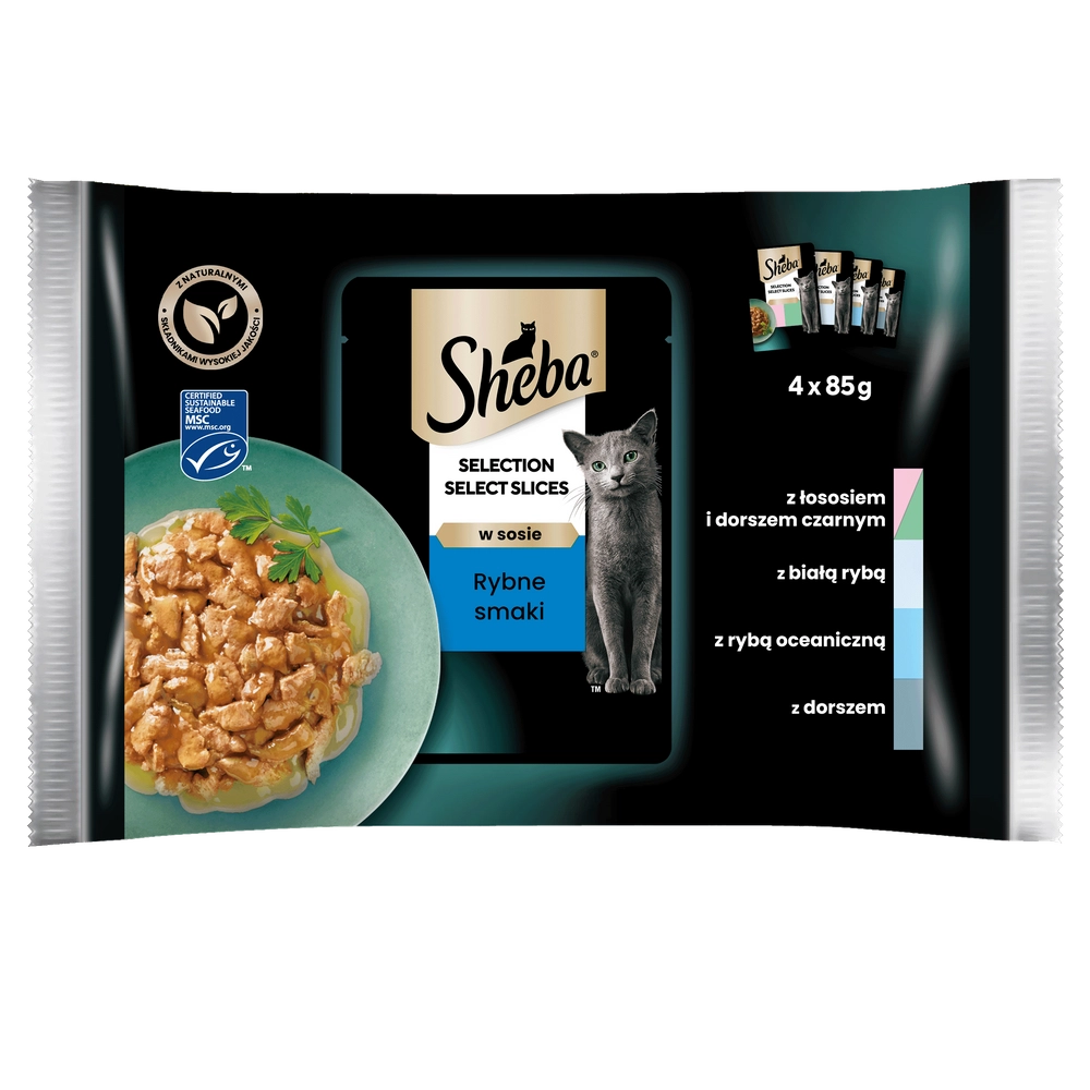 SHEBA Selection Select Slices Fiskesmaker påsar 4x85 g – våtfoder fullfoder för vuxna katter, i sås (bitar med: lax och svart torsk, vitfisk, oceanisk fisk, torsk)