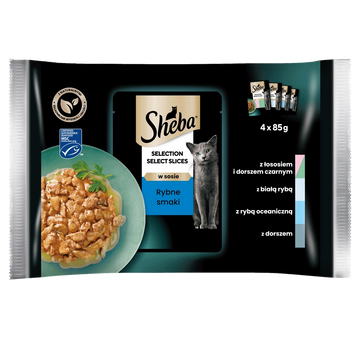 SHEBA Selection Select Slices Fiskesmaker påsar 4x85 g – våtfoder fullfoder för vuxna katter, i sås (bitar med: lax och svart torsk, vitfisk, oceanisk fisk, torsk)