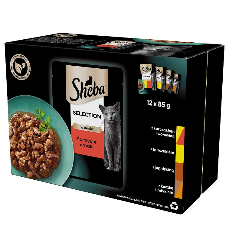 SHEBA saszetka 12x85g Selection in Sauce Saftiga Smaker - våtfoder för katter i sås (med nötkött, med lamm, med kyckling, med kalkon)