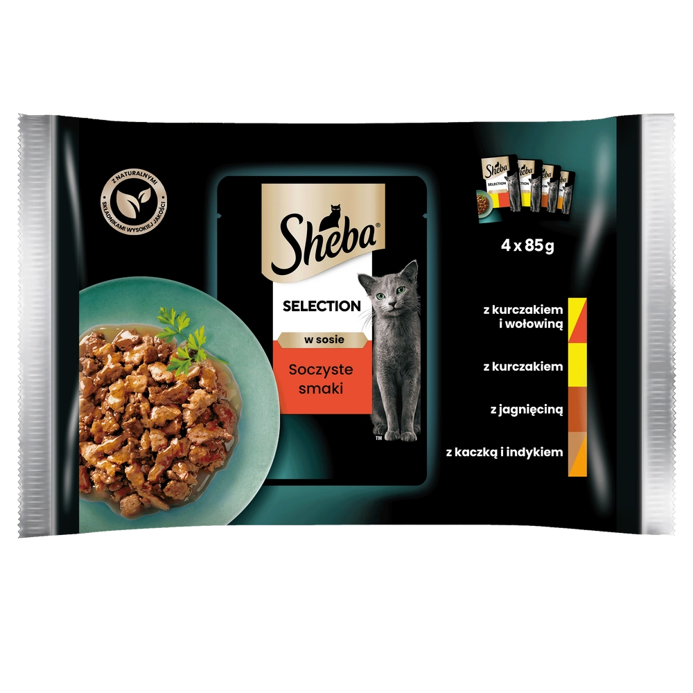 SHEBA saszetka 4x85g Selection in Sauce Saftiga Smaker - våtfoder för katter i sås (med nötkött, med lamm, med kyckling, med kalkon)
