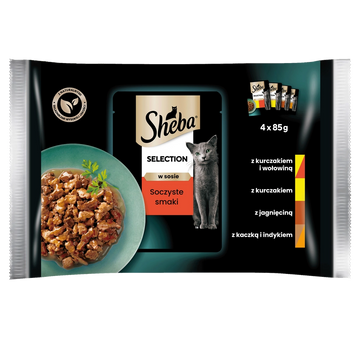SHEBA saszetka 4x85g Selection in Sauce Saftiga Smaker - våtfoder för katter i sås (med nötkött, med lamm, med kyckling, med kalkon)