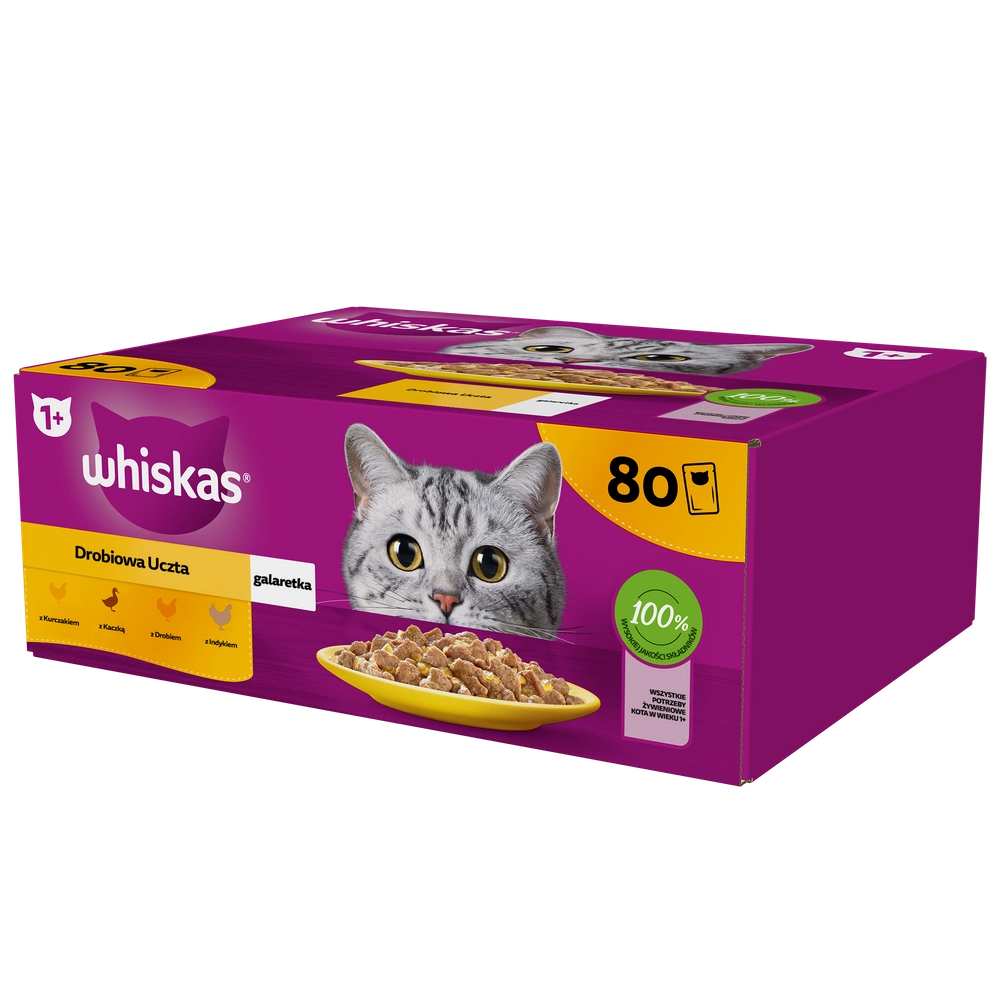WHISKAS Adult påse 80x85g Fjäderfäfest våtfoder komplett för vuxna katter i gelé bitar med kyckling, anka, fjäderfä, kalkon