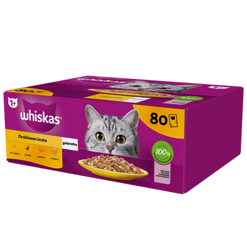 WHISKAS Adult påse 80x85g Fjäderfäfest våtfoder komplett för vuxna katter i gelé bitar med kyckling, anka, fjäderfä, kalkon